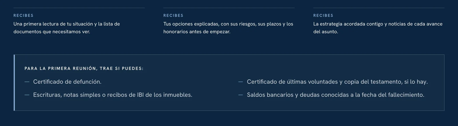 Detalle de la página de Herencias de FIR Advocats: lo que recibe el cliente en cada paso y la lista de documentos para la primera reunión