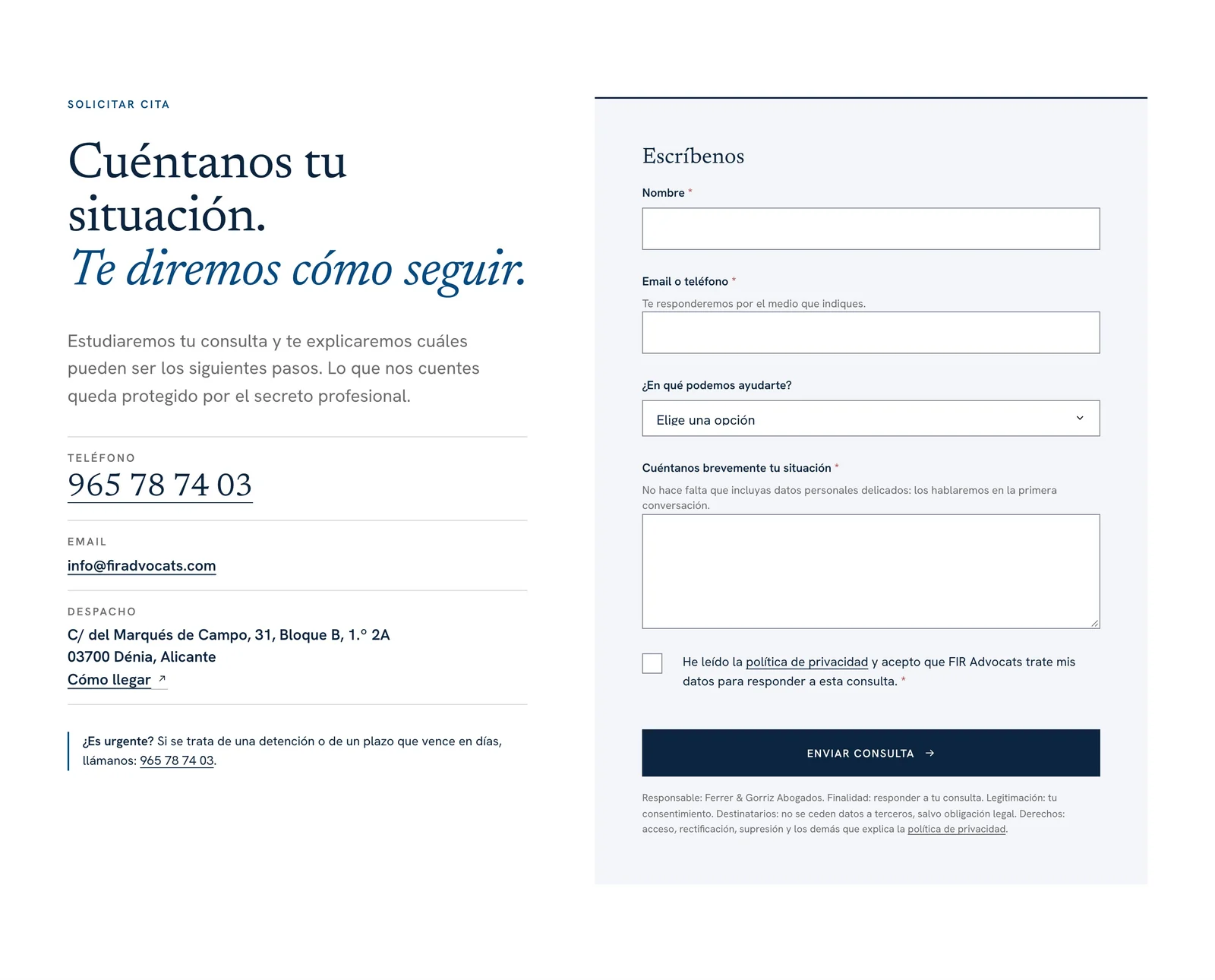 Bloque de contacto de FIR Advocats: formulario corto, teléfono grande, dirección y aviso para urgencias
