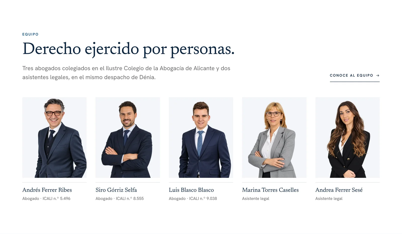 Bloque del equipo de FIR Advocats: retratos de una misma serie con nombre, cargo y número de colegiado