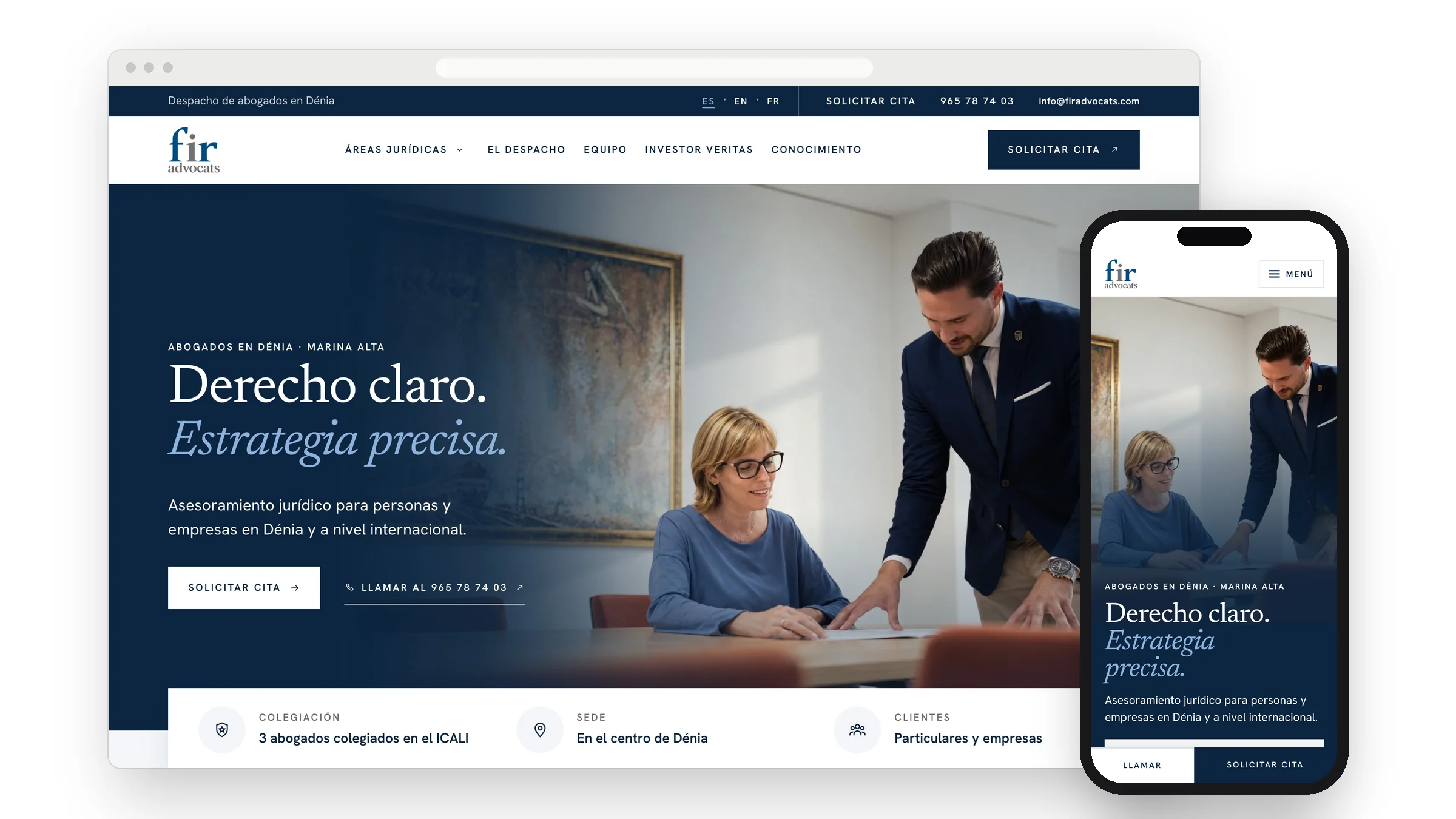 Portada de la nueva web de FIR Advocats en ordenador y móvil: lema, foto real del equipo y barra móvil para llamar o pedir cita