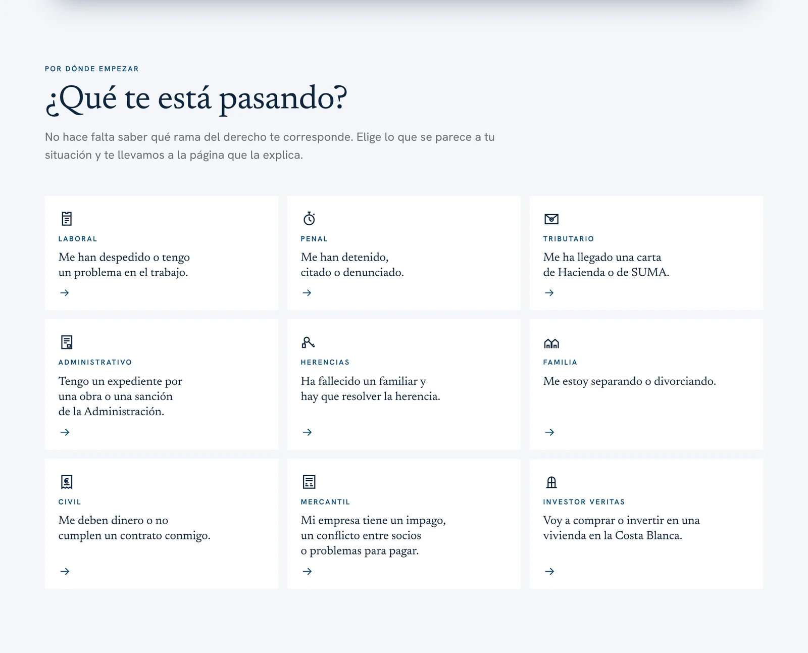 Bloque «¿Qué te está pasando?»: nueve situaciones escritas como las diría el cliente, cada una con su área