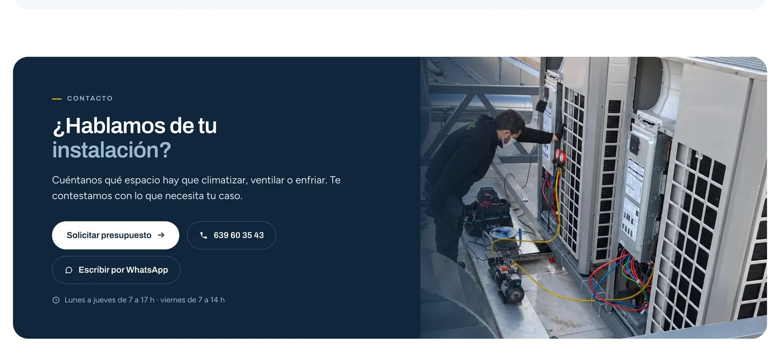 Cierre de la portada de Frilotec con «Solicitar presupuesto», teléfono, WhatsApp y horario