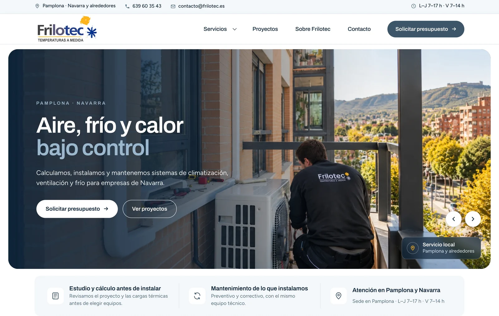 Primera pantalla de la web de Frilotec: barra con zona, teléfono y horario, titular, dos botones y franja de garantías