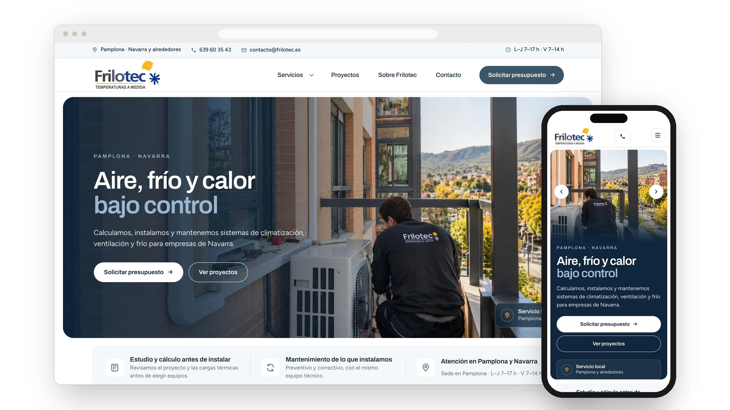 Portada de la nueva web de Frilotec en ordenador y móvil: titular «Aire, frío y calor bajo control» sobre una foto real de obra