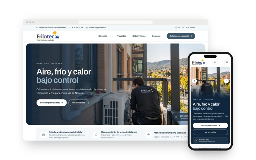 Nueva web de Frilotec en un ordenador y un móvil, con la portada y una foto real de un técnico