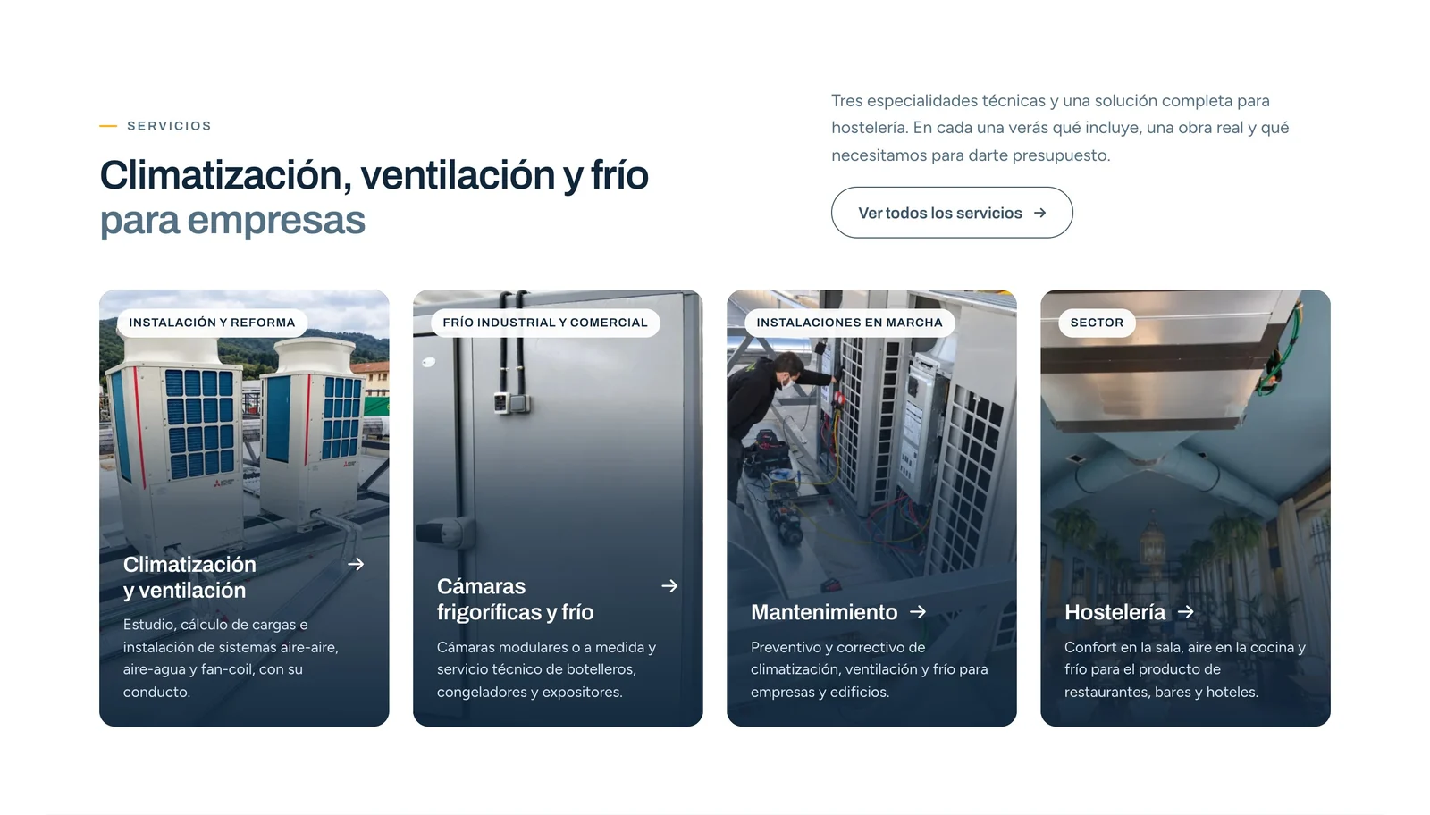 Bloque de servicios de Frilotec: cuatro tarjetas con foto real, etiqueta de tipo de trabajo y una línea de alcance