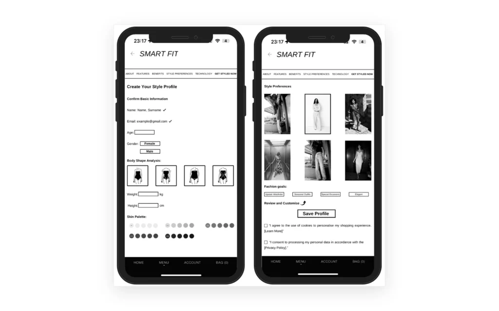 Dos pantallas del prototipo de estilista digital en blanco y negro: creación del perfil de estilo con datos, forma del cuerpo y paleta de piel, y elección de preferencias de estilo