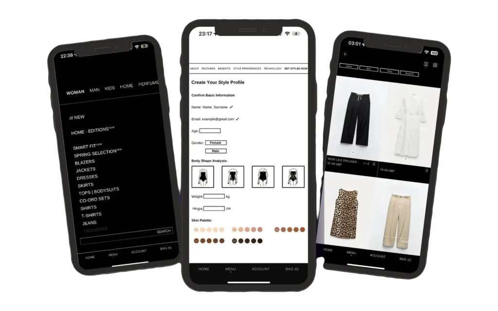 Tres pantallas del prototipo de estilista digital: el menú de la tienda, la creación del perfil de estilo y el catálogo filtrado por el perfil