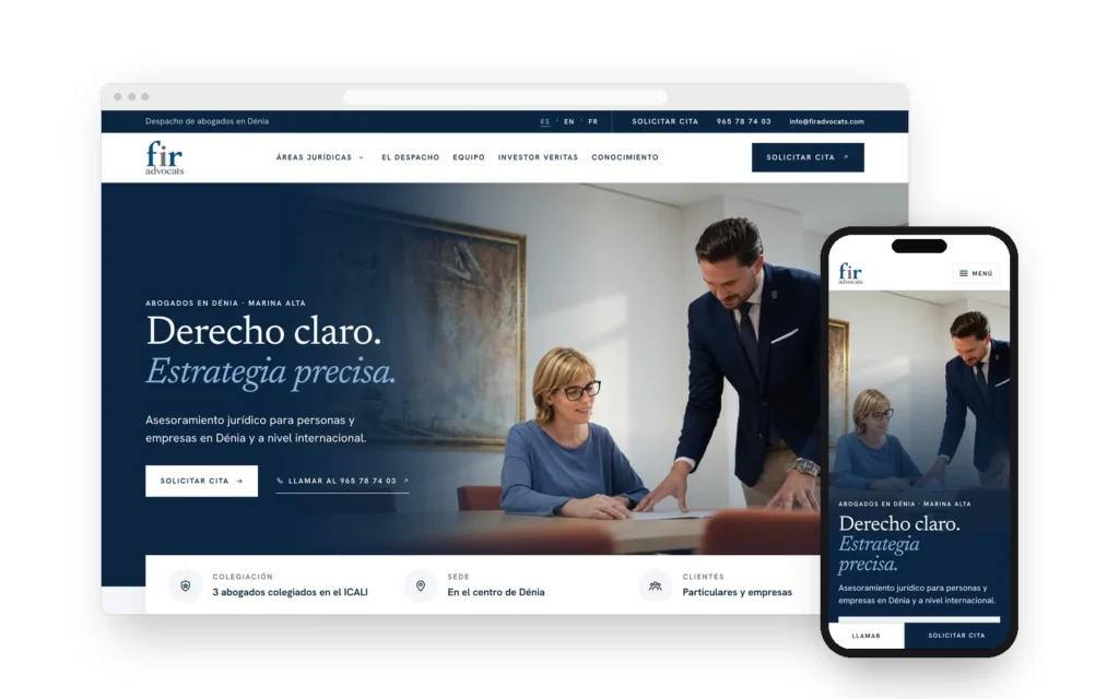 FIR Advocats’ new website on a laptop and a phone, with the line “Derecho claro. Estrategia precisa.”