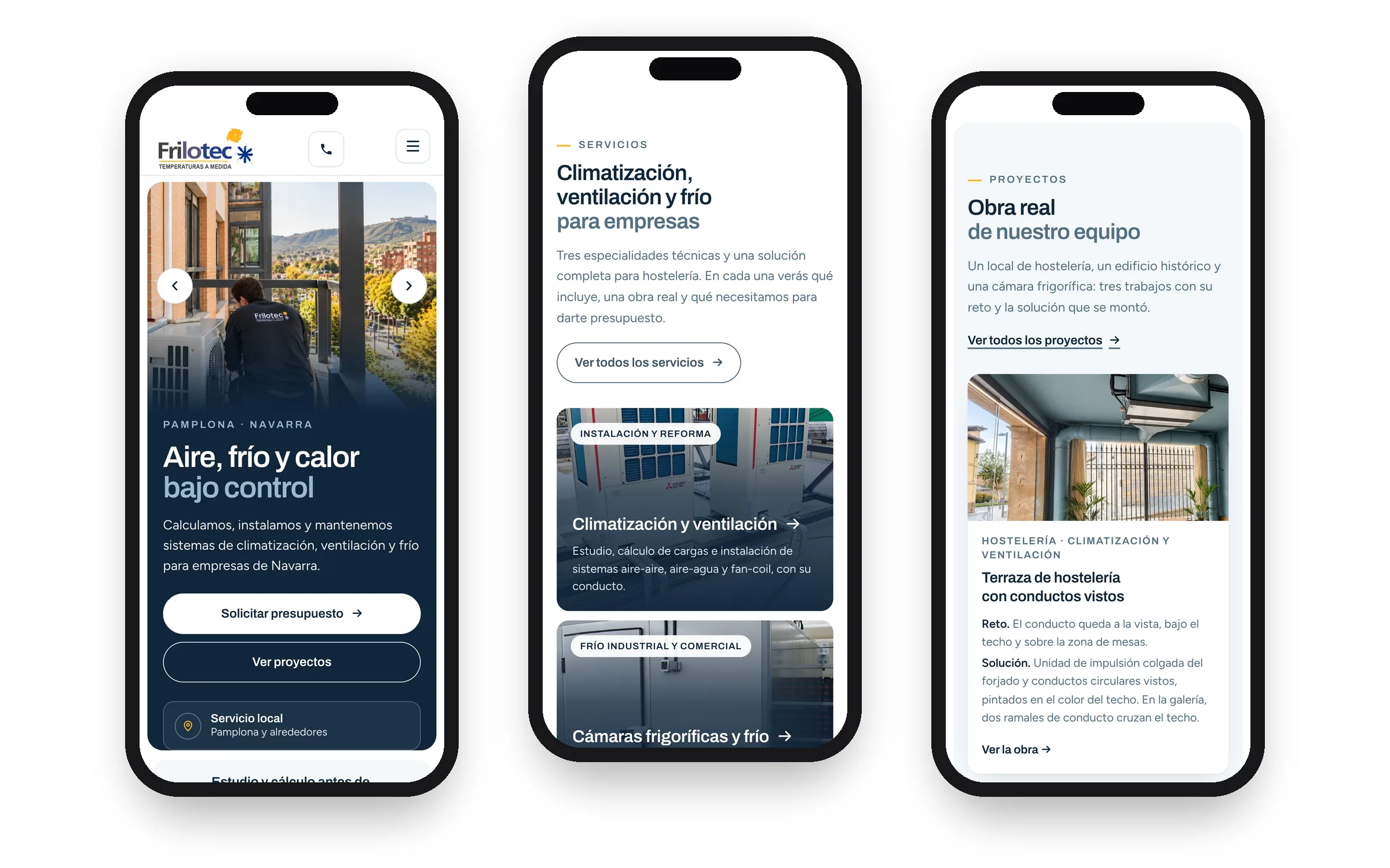 Three screens of the Frilotec website on mobile: home, services and a real job