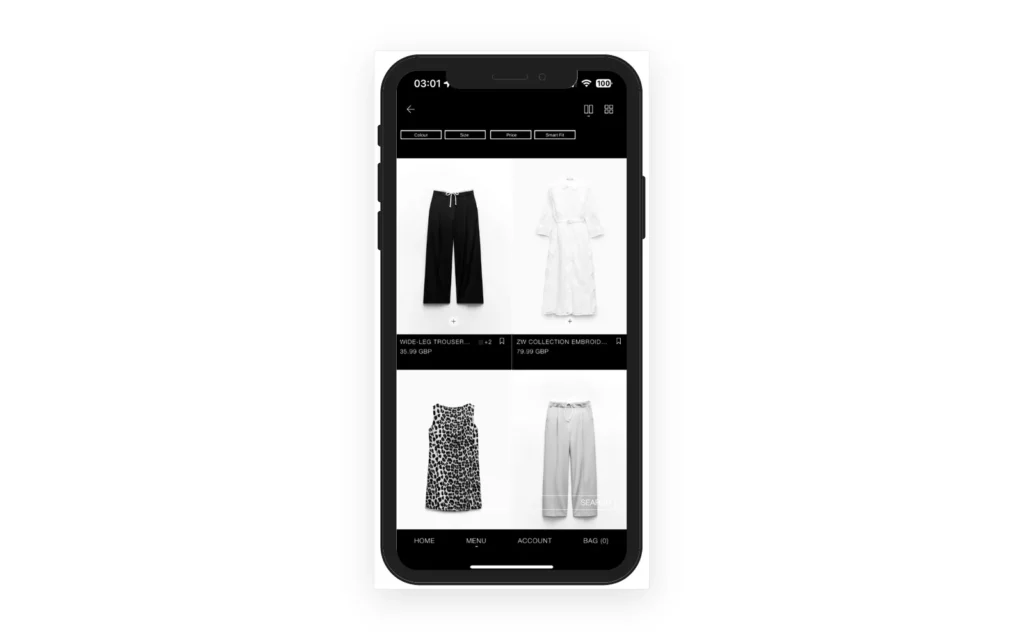Prototype screen with the catalogue filtered by the style profile: black trousers, a white dress, a printed top and light trousers