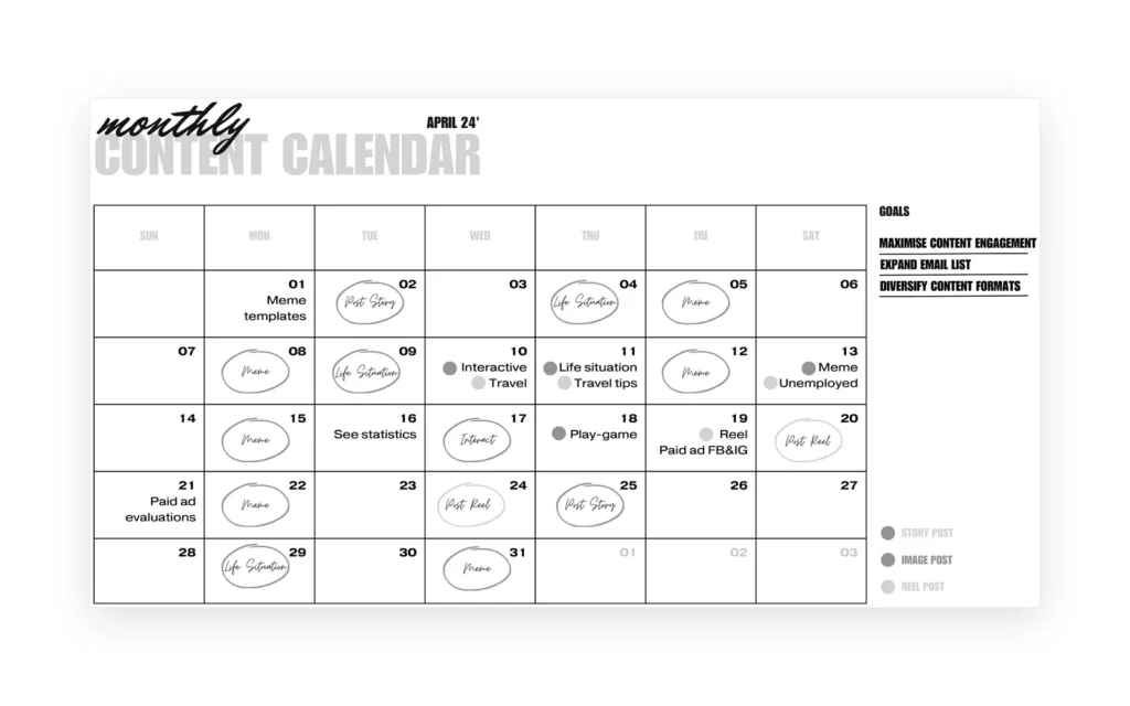 Girly Maths content calendar for April with meme templates, interactive polls and the ad evaluation
