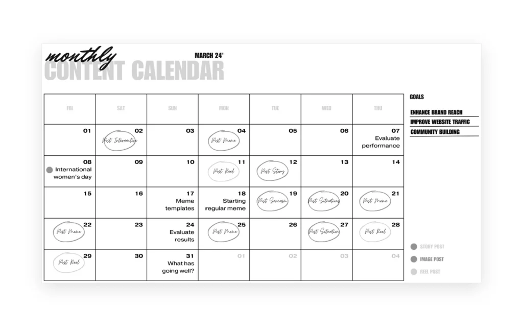 Girly Maths monthly content calendar in black and white, with memes, stories and posts marked by day and the goals for the month