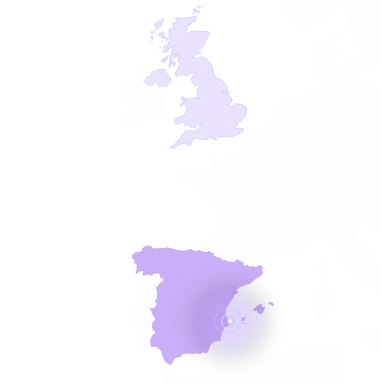 Map of the areas we work in: Spain highlighted, with Dénia and the Costa Blanca as the main area, and the United Kingdom as an area served.